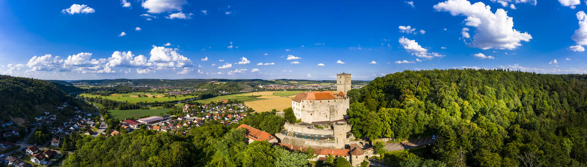 Deutschland, Baden-Württemberg, Odenwald, Neckar, Haßmersheim, Luftaufnahme der Burg Guttenberg - AMF07654