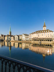 Switzerland, Canton of Zurich, Zurich, Old town buildings reflecting in Limmat river - WDF05625