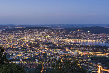 Switzerland, Canton of Zurich, Zurich, City surrounding edge of Lake Zurich seen from Uetliberg at dusk - WDF05648