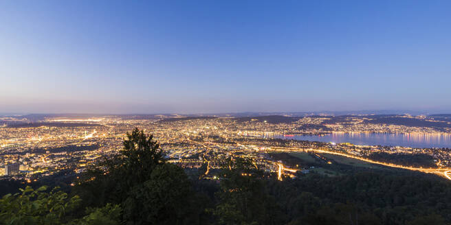 Schweiz, Kanton Zürich, Zürich, Panoramablick auf die beleuchtete Stadt vom Gipfel des Uetlibergs in der Abenddämmerung aus gesehen - WDF05650