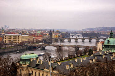 Czech Republic, Prague, High angle view of old town and river - PUF01828