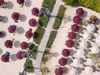 Indonesia, Bali, Nusa Dua, Aerial view of umbrellas on beach - KNTF03977