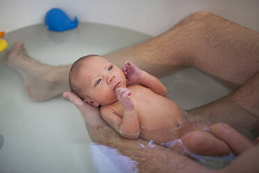 Tiefschnitt eines Vaters, der seinen Sohn beim Baden in der heimischen Badewanne trägt - CAVF72531