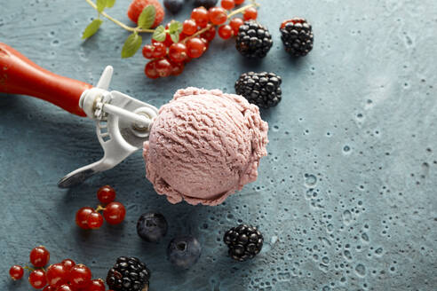 Raspberry ice cream on scoop and fresh fruits - DREF00007