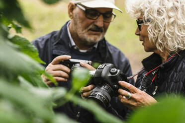 Ältere Frau im Gespräch, während sie einem männlichen Freund im Fotokurs die Kamera zeigt - MASF15993