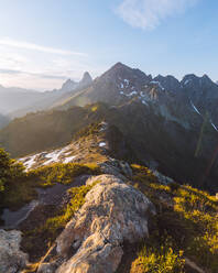 Sun flare over Winchester Mountain, North Cascades, Washington, USA - ISF23517