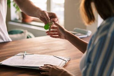 Cropped image of owner giving house keys to tenant after filling rental forms - MASF16030