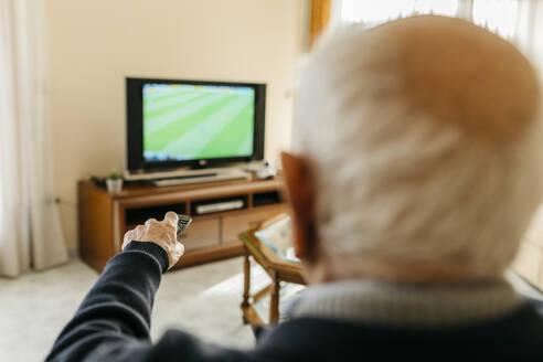 Rückenansicht eines älteren Mannes, der zu Hause fernsieht - JRFF03943
