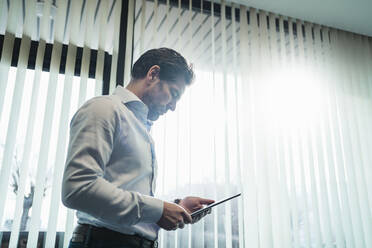 Businessman using tablet at the window in office - DIGF09124