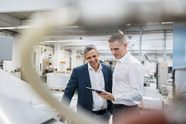 Two smiling businessmen looking at tablet in a factory - DIGF09171