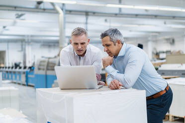 Zwei Kollegen benutzen einen Laptop und diskutieren in einer Fabrik - DIGF09255