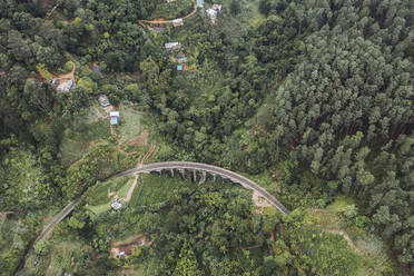 Sri Lanka, Provinz Uva, Demodara, Luftaufnahme der Nine Arch Bridge und der Stadt in einem grünen, bewaldeten Tal - DAWF01109