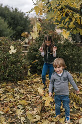 Kleiner Junge und Mädchen spielen mit Blättern im Herbst - GRCF00039