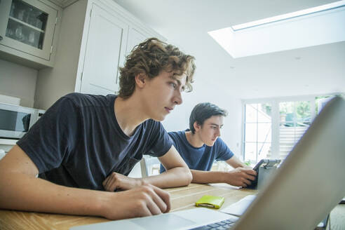 Two teenage boys using laptop and tablet on table at home - AJOF00078