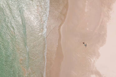 Luftaufnahme von Surfern, die am Strand spazieren gehen, Südafrika. - AAEF06347