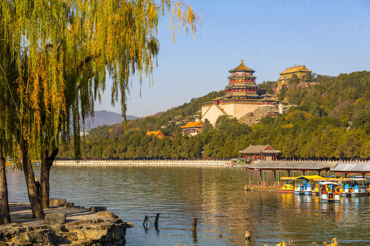 View of Kunming Lake and The Summer Palace, UNESCO World Heritage Site,  Beijing, People's Republic of China, Asia stock photo