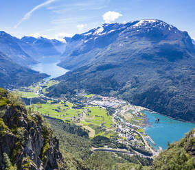 Aerial view of hikers on suspension bridge on Via Ferrata high up above the fjord, Loen, Stryn, Sogn og Fjordane county, Norway, Scandinavia, Europe - RHPLF13581