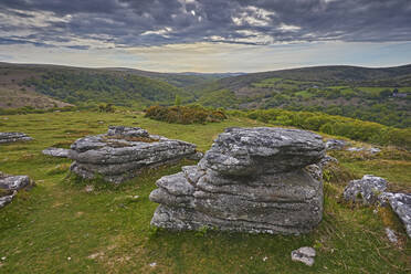 Ein massiver Granitfelsen am Bench Tor, einem der klassischen Merkmale der Landschaft des Dartmoor-Nationalparks, Devon, England, Vereinigtes Königreich, Europa - RHPLF13623