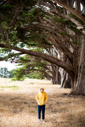 Tween standing in grass next to line of Cypress trees in Point Reyes - CAVF72608