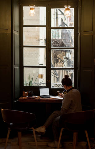 Junge Studentin studiert in einem Café mit ihrem Laptop, lizenzfreies Stockfoto