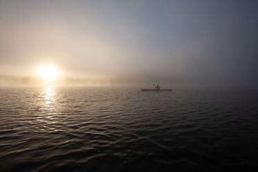 Solo paddling on a misty pond at sunrise. - CAVF72862