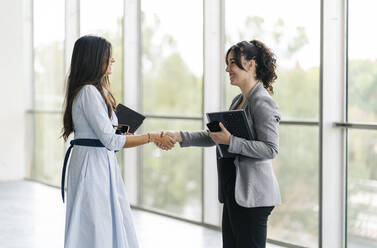 Two happy businesswomen shaking hands at the window - DGOF00039