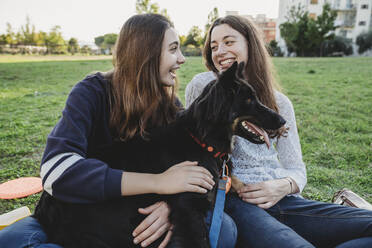 Schwestern mit Hund unterhalten sich im Park - CUF54432