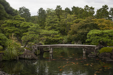Japan, Himeji, Teich mit Koi-Karpfen und Steg in Adelaide Himeji Gardens - ABZF02961