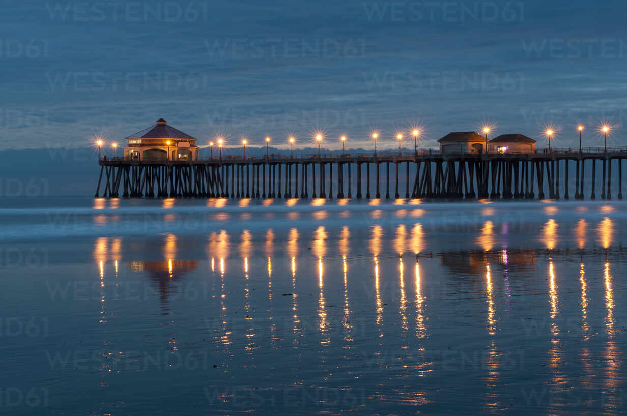 Huntington Beach Pier at night, California, USA stock photo