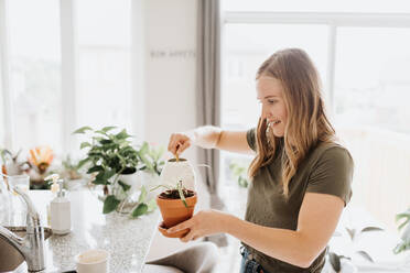 Woman watering house plants - ISF23645