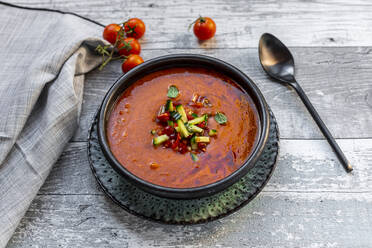 Gazpacho - cold tomato soup with cucumber topping - SARF04420