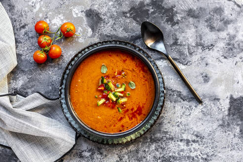 Gazpacho - cold tomato soup with cucumber topping - SARF04421