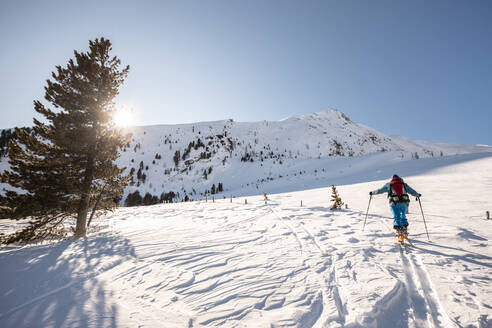 Österreich, Kärnten, Reichenau, Nockberge, Falkert, Mann beim Skitourengehen an einem sonnigen Tag - DAWF01167