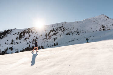 Österreich, Kärnten, Reichenau, Nockberge, Falkert, Mann beim Skitourengehen an einem sonnigen Tag - DAWF01171