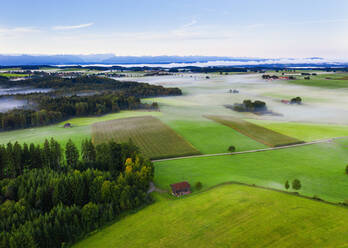 Deutschland, Bayern, Munsing, Luftaufnahme von Nebel, der über grüner Landschaft schwebt - SIEF09394