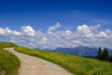 Deutschland, Schwaben, Alpenweg im Frühling mit Wolken über den Allgäuer Alpen im Hintergrund - LBF02843