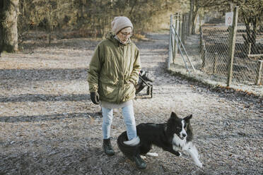 Frau spielt mit Border Collieon Waldweg - DWF00527