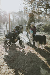 Mother with daughters and border collie during forest walk in autumn - DWF00532