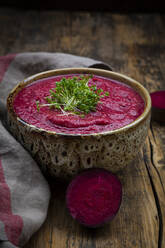 Bowl of vegan borscht with cress topping - LVF08514