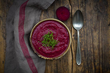 Bowl of vegan borscht with cress topping - LVF08515