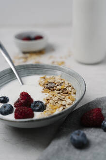 Bowl of granola with yogurt, blueberries and raspberries - JMHMF00040