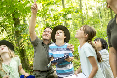 School children exploring the forest, teacher pointing up - WESTF24505