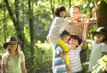 School children fixing a bidhouse on a tree - WESTF24564