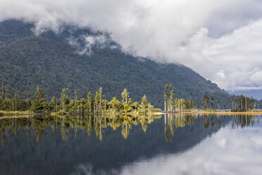 Neuseeland, Grey District, Inchbonnie, Bewaldete Hügel, die sich im Brunner See spiegeln - FOF11440