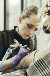 female tattooist tattooing upper arm of female customer - MTBF00337