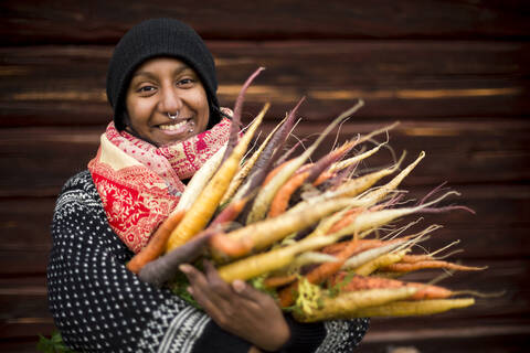 Woman holding freshly picked carrots stock photo