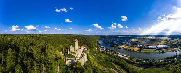 Deutschland, Baden-Württemberg, Neckarzimmern, Luftbild der Burg Hornberg im Sommer - AMF07762