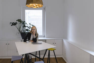 Portrait of young businesswoman sitting at table in office - GUSF03259