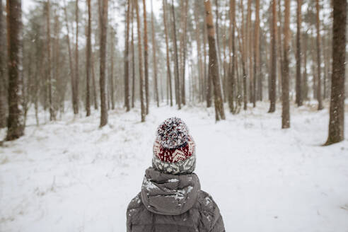 Rückenansicht eines Jungen mit Pudelmütze im Winterwald - EYAF00836