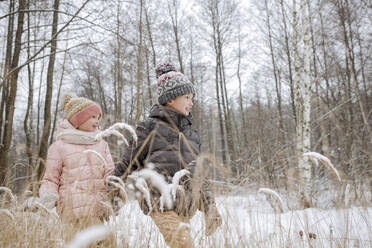 Zwei Geschwister spazieren Hand in Hand im Winterwald - EYAF00843